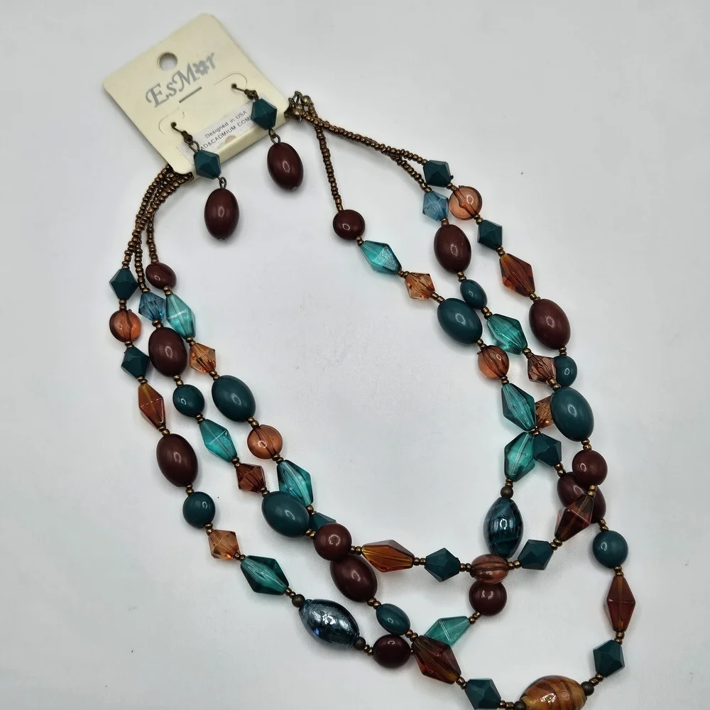 NEW VINTAGE EsMor Brown and Teal Plastic Triple Strand Necklace and Earrings Set